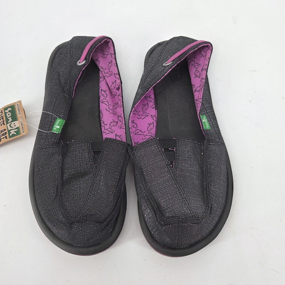 Sanuk Sidewalk Surfer Womens 6 Charcoal Grey Purple Slip On Loafers NEW
